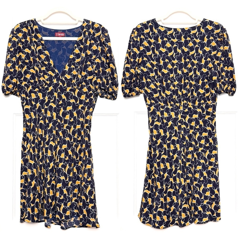 STAUD 90s Navy Abstract Print Puff Short Sleeve V-Neck Empire Waist Dress 10 - Picture 5 of 7
